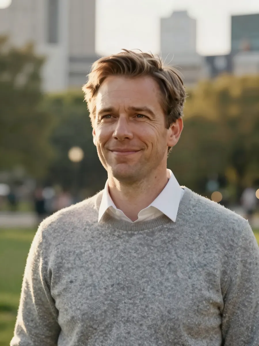 AI-generated sample portrait in the Personal Brand style: casual knit sweater in a city park at golden hour