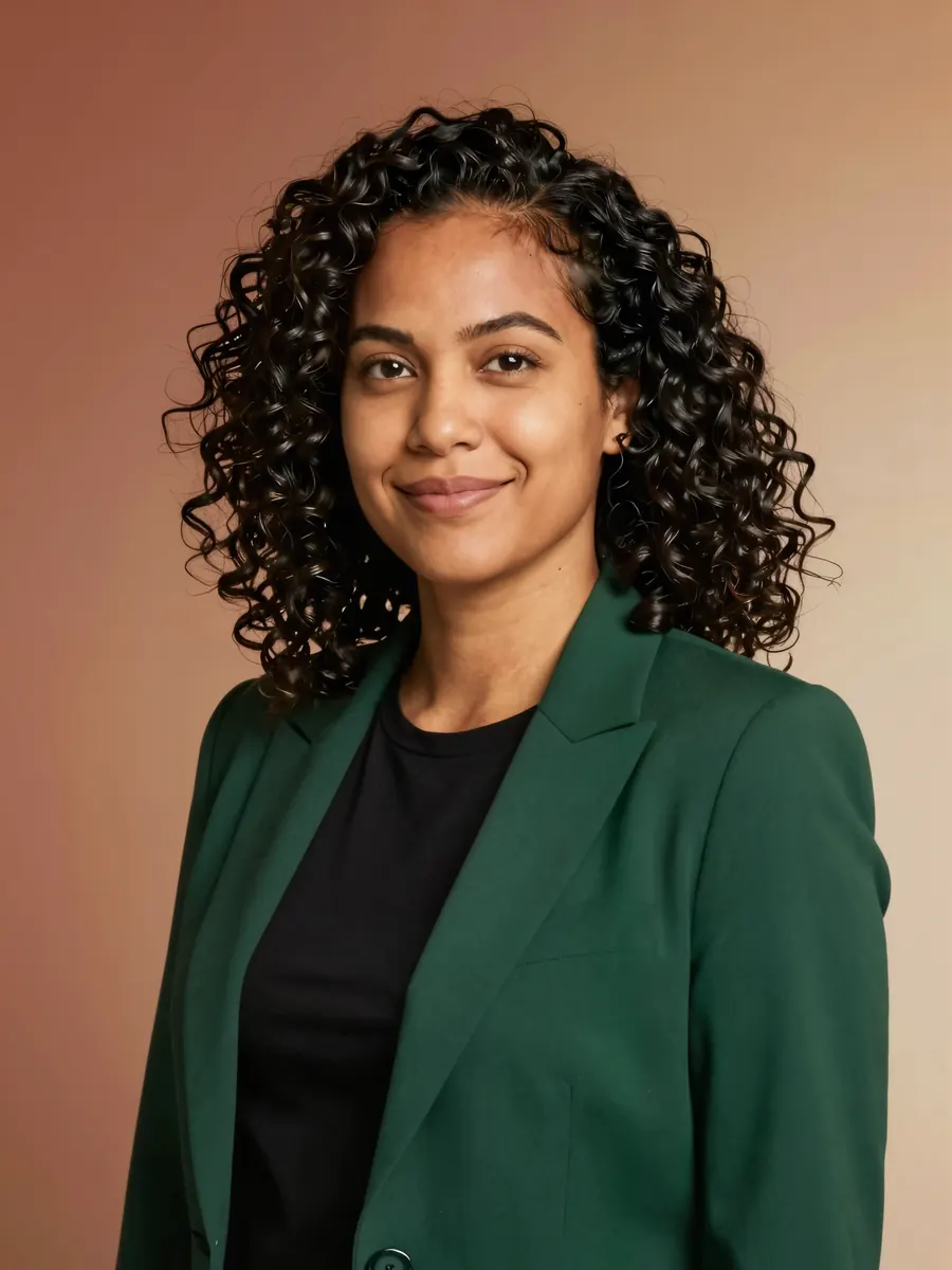 AI-generated sample portrait in the Creative & Marketing style: green blazer against a warm terracotta backdrop