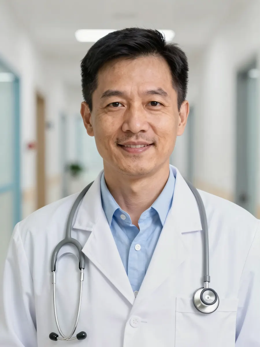 AI-generated sample portrait in the Healthcare style: lab coat and stethoscope in a softly lit clinic corridor